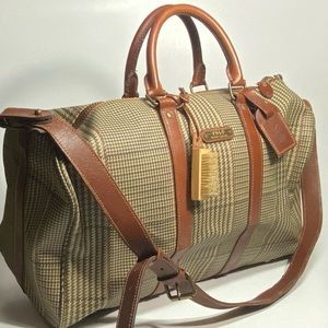 VTG POLO Ralph Lauren Houndstooth Canvas Leather Duffle Travel Bag